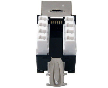 Cat6 shielded rj45 keystone jack with idc terminals and ground tab.