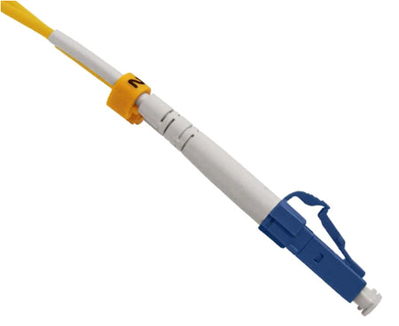 A single LC single-mode OS2 connector with blue body and locking tab.