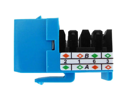 Blue cat6a high-density unshielded rj45 keystone jack with wiring label and locking tab.