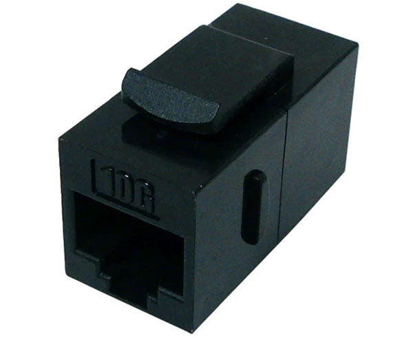 A black cat6a unshielded inline coupler.