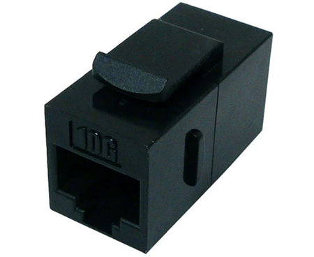 A black cat6a unshielded inline coupler.