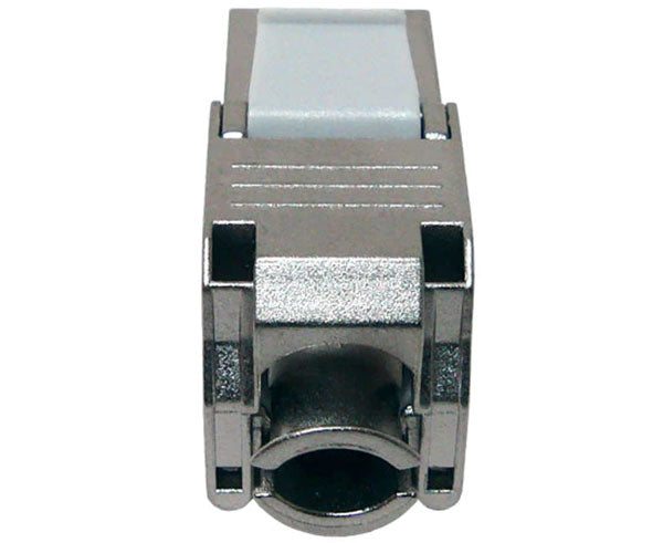 Cat6a high-density shielded keystone jack showing cable entry.