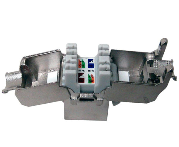 Cat6a high-density shielded keystone jack with open body and idc contacts.