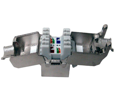 Cat6a high-density shielded keystone jack with open body and idc contacts.