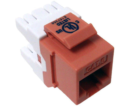 Orange cat6 high-density keystone jack with 180 degree contacts.