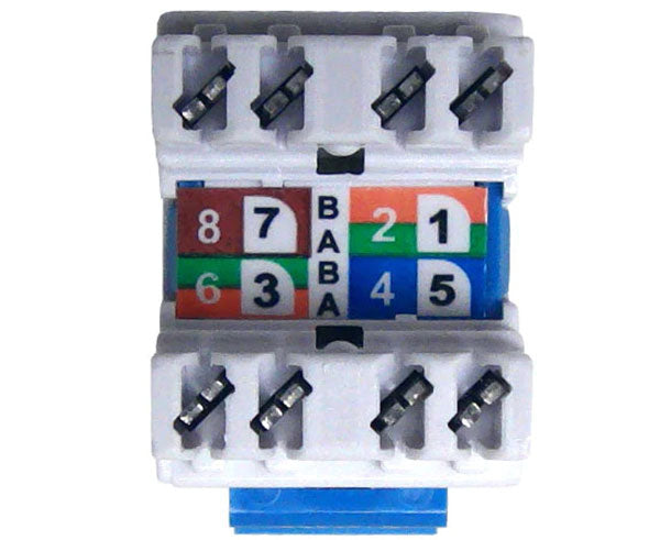 Blue cat6 high-density keystone jack with 180 degree contacts and wiring label.