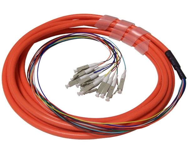 12 strand multimode OM1 LC fiber optic pigtail with orange jacket.