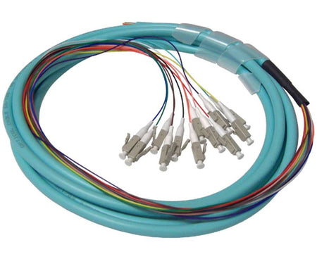 12 strand multimode OM4 LC fiber optic pigtail with aqua jacket.