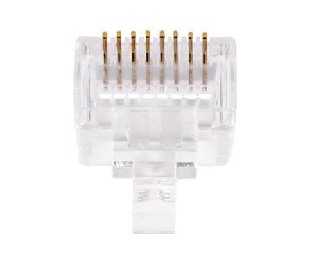 A Cat5e quick feed RJ45 plug with locking tab and gold plated connectors.