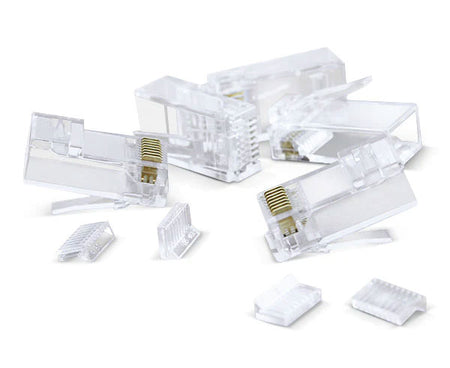 A pile of RJ45 plugs and inserts for slim stranded cable.