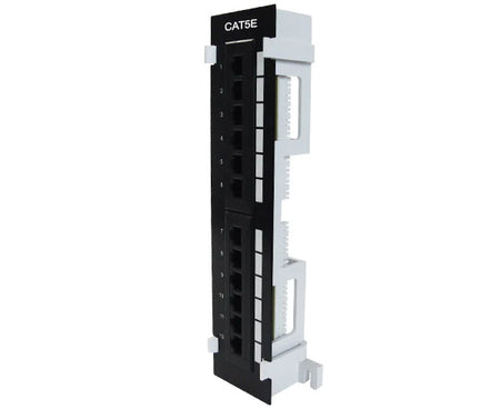 12-port CAT5E vertical patch panel mounted on a wall for structured cabling
