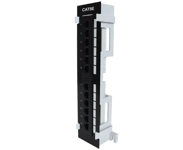 12-port CAT5E vertical patch panel mounted on a wall for structured cabling