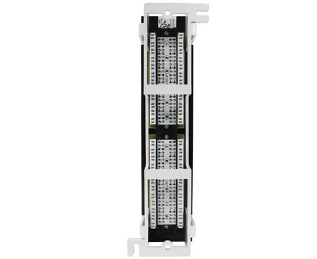 Close-up of a 12-port CAT5E patch panel showing connected punch down blocks