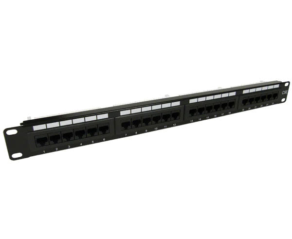 Close-up of the 24-port CAT5E unshielded patch panel's connectors