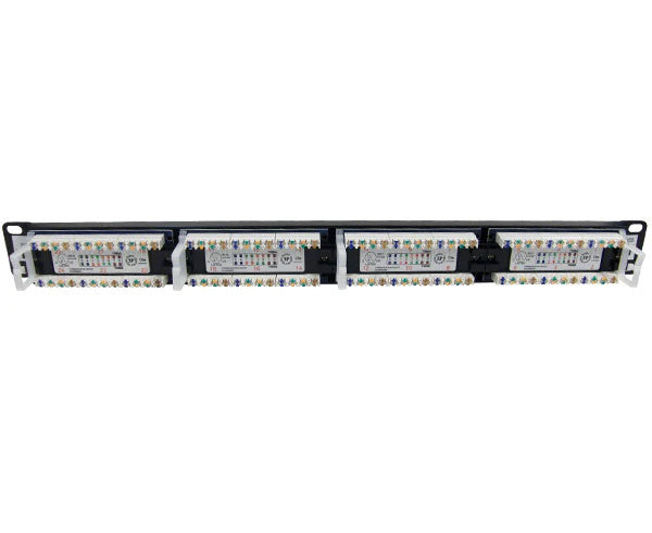 Angled view highlighting the 1U size of the 24-port CAT5E patch panel