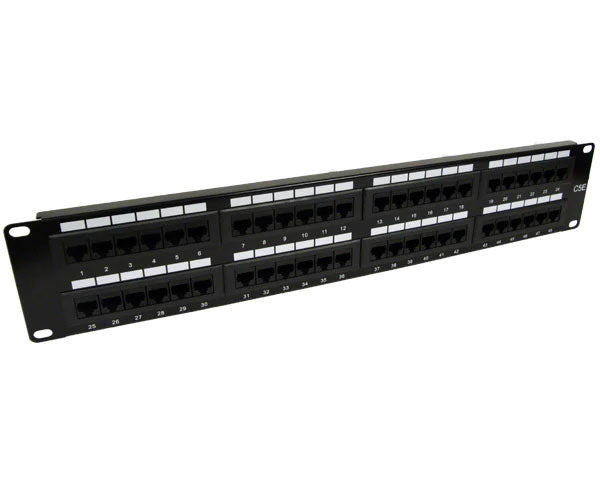 Close-up of the 48-port CAT5E patch panel's connectors