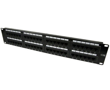 Front view of a 48-port CAT5E unshielded patch panel for 19-inch rackmount
