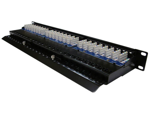 Detail of the cable organization on the 1U 48 Port High Density Patch Panel