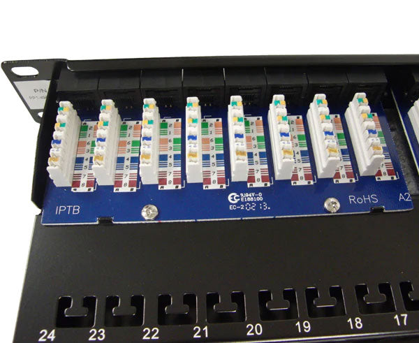 48 Port High Density CAT5E Patch Panel showing color coded punch downs