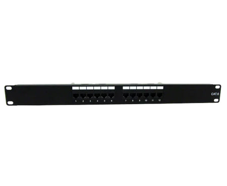 Close-up view of the 12-port CAT6 unshielded patch panel showing connectivity options