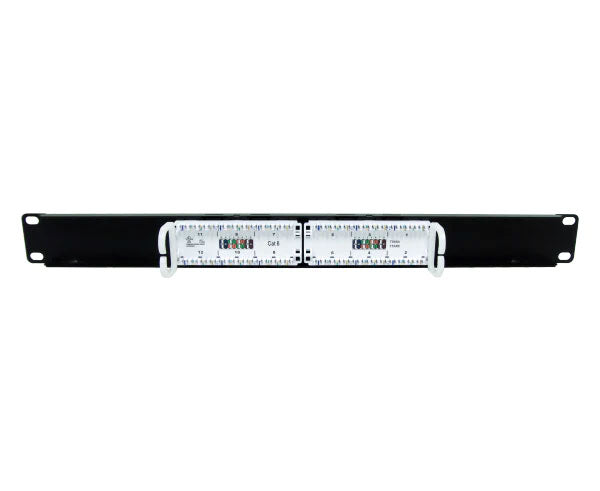 Angled view of the 12-port CAT6 patch panel highlighting its rackmount compatibility