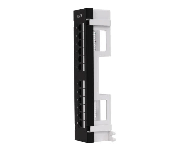Close-up of the 12-port CAT6 patch panel with vertical orientation and white background
