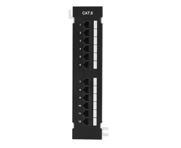 Front view of the 12-port CAT6 network patch panel with labels for each port