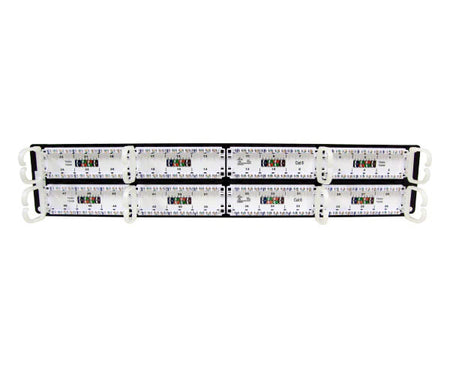 Rear view of a 48-port CAT6 network patch panel