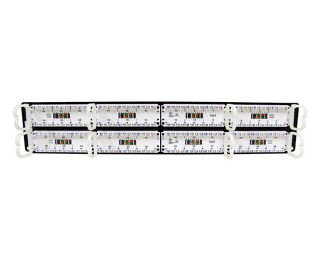 Rear view of a 48-port CAT6 network patch panel