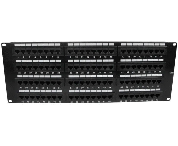 96-port CAT6 unshielded patch panel on a white backdrop for clear viewing