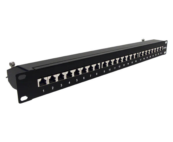 Close-up of the 24 shielded ports on a CAT6A 10G patch panel