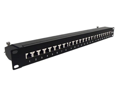 Close-up of the 24 shielded ports on a CAT6A 10G patch panel