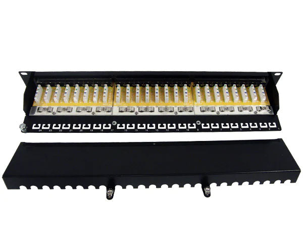 Close-up of the 24 shielded RJ45 sockets on the CAT6 patch panel
