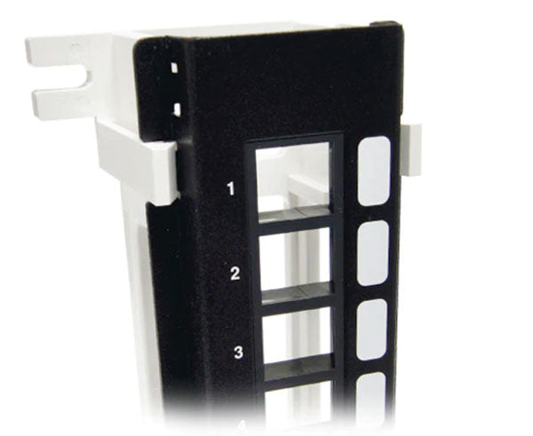 A wall mount 12 port blank network patch panel showing port orientation.