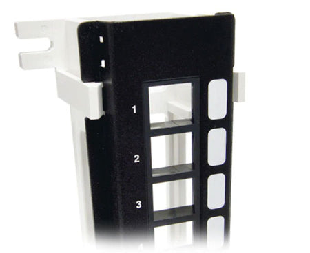 A wall mount 12 port blank network patch panel showing port orientation.