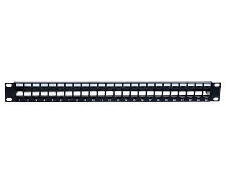 24 port high-density blank patch panel with printed port numbers and labels.