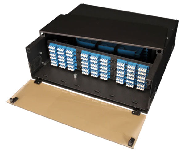 3U slide-out fiber patch and splice panel for nine adapter panels.