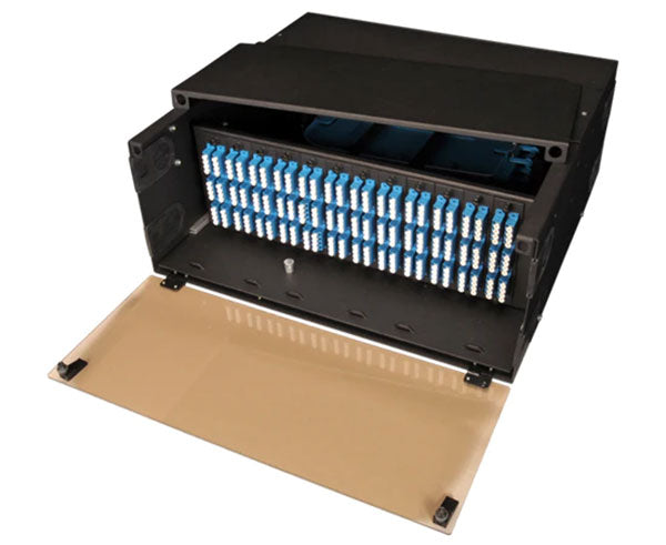 4U slide-out fiber patch and splice panel for twelve adapter panels.