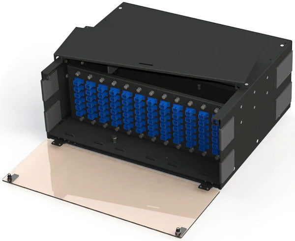 4U slide-out fiber patch and splice panel for twelve adapter panels.