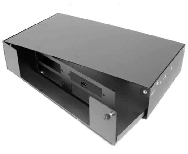 2U swing-out fiber patch and splice panel for four adapter panels.