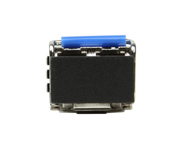 100Base-LX single-mode SFP fiber transceiver showing dust cap.