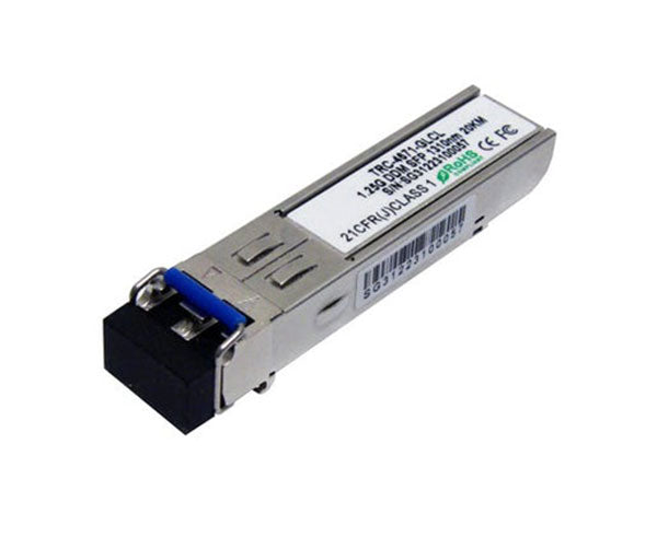 1000Base-LX single-mode SFP fiber transceiver showing latch and dust cap.