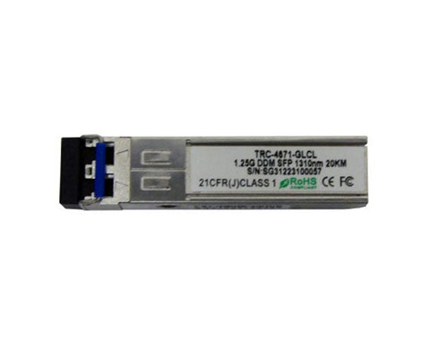 1000Base-LX single-mode SFP fiber transceiver showing specification label.