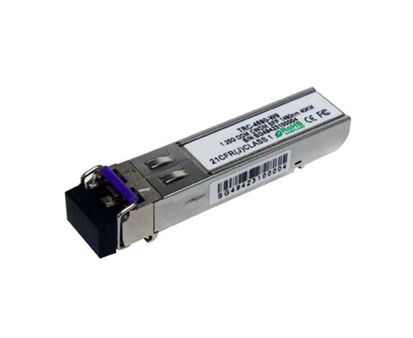 1000BASE-CWDM single-mode SFP fiber transceiver showing latch and dust cap.