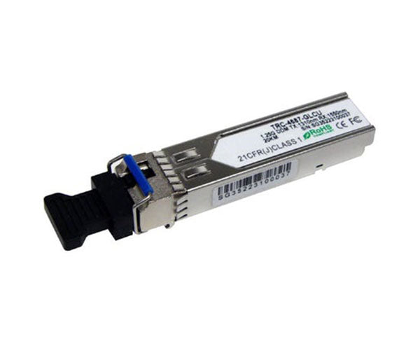 1000BASE-BX10-U WDM bi-directional single-mode SFP fiber transceiver showing latch and dust cap.