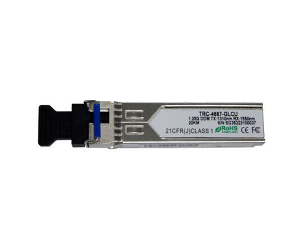 1000BASE-BX10-U WDM bi-directional single-mode SFP fiber transceiver showing specification label.