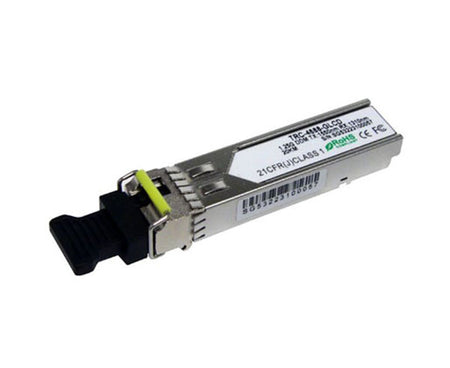 1000BASE-BX10-D WDM bi-directional single-mode SFP fiber transceiver showing latch and dust cap.