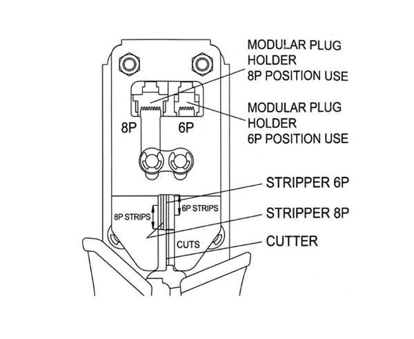 A component view diagram of a crimp tool for RJ45, RJ12, and RJ11 plugs.