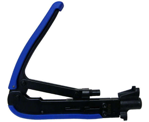 A Coax Compression Tool for RG11, 7, 6 & 59 Connectors. View of blue handles in the open position.