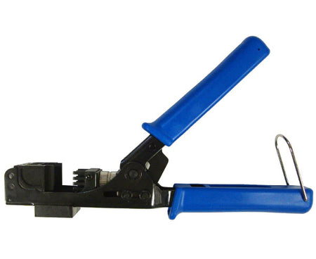 Handheld punch-down tool for high-density keystone jacks with open blue handles and crimp block.